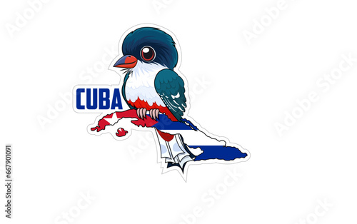 Vector sticker with Cuban trogon and Cuba map