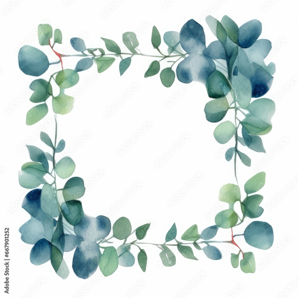 Eucalyptus leaf frame with a watercolor texture overlay on white background. AI generated