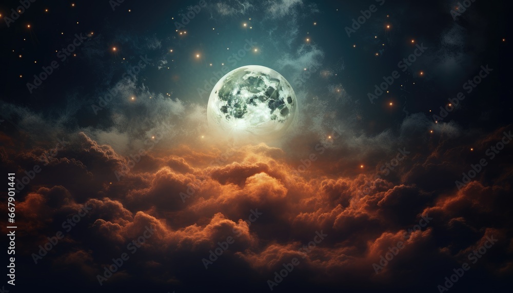 night , sky clear with some clouds around full moon glowing  - obrazy, fototapety, plakaty 
