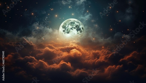 night , sky clear with some clouds around full moon glowing  photo