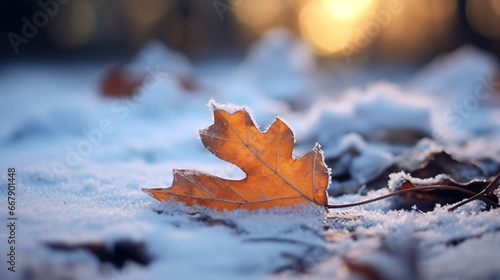 Frosty leaf on snow in the forest at sunset. Beautiful nature background