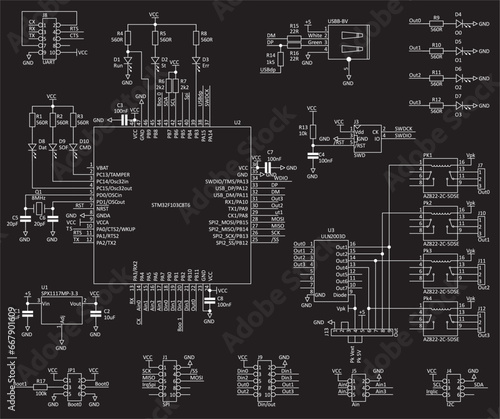 Schematic diagram of electronic device.
Vector drawing electrical circuit with switching relay, micro controller, 
usb spi i2c interface, led, logic gates, integrated circuit
and electronic components