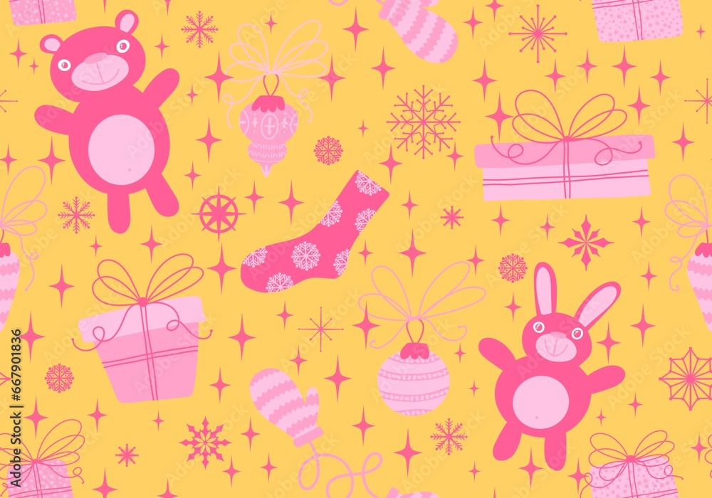 Christmas doodle animals seamless gift box and gloves and bears and socks pattern for wrapping paper and fabrics Christmas doodle animals seamless gift box and gloves and bears and socks pattern for wrapping paper and fabrics