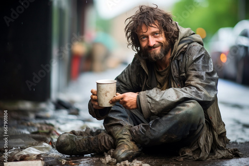 Social economic problems concept. Portrait of homeless man smiling looking into camera, with cup of hot drink in hands, feeling anxious sitting on pavement on street