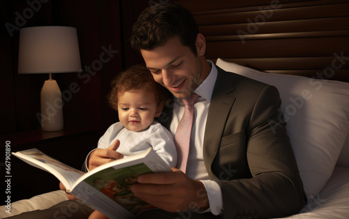 A businessman reading a bed...