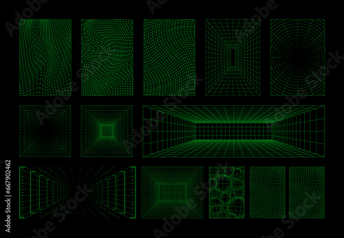 Retrofuturistic volumetric futuristic space graphic set. Grid futuristic geometric wireframe. 3D dot perspective, cyberspace, psychedelic background. Y2k, vaporwave, 80s, 90s, 2k. Vector wireframe