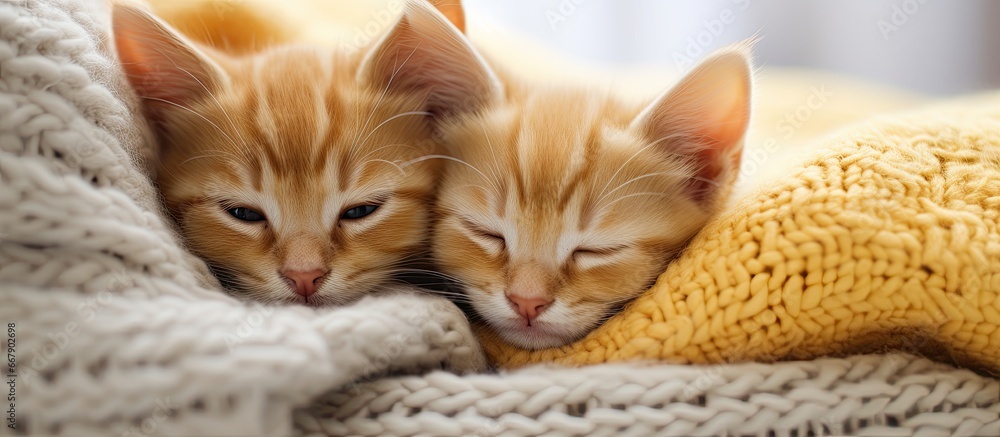 Two kittens napping cozy under a blanket on the couch