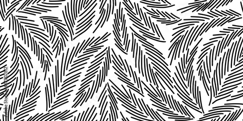 Black and white pattern with spruce needles. Winter linear botanical pattern. Line illustration with Christmas tree branches and leaves on white background. Pine needles texture