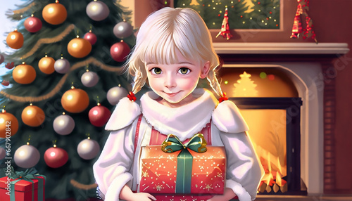 Mała dziewczynka trzyma w rękach prezent. W tle choinka i płonący kominek. Boże Narodzenie, tło, ilustracja