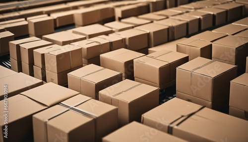 Multiple cardboard box packages on conveyor belt in close-up