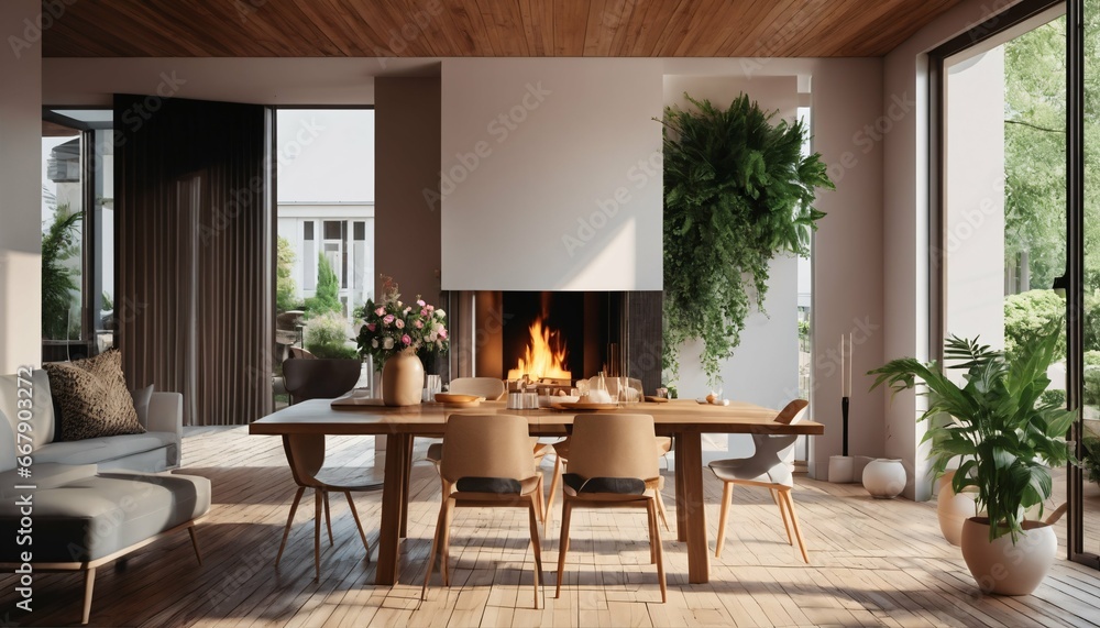Fototapeta premium Outdoor deck access from sunny dining space with fireplace