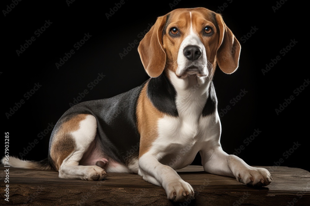 Purebred pedigree Beagle dog in close up lies on a clean black background. A loyal and devoted friend, a companion. A domestic pet. For posters, banners, advertisements, brochures, presentations,