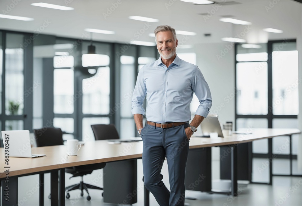 Happy middle aged CEO standing confidently in office with hands in pockets