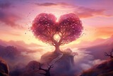 An ethereal artwork depicting a heart-shaped tree amid a picturesque landscape, symbolizing love and Valentine's Day. Generative AI