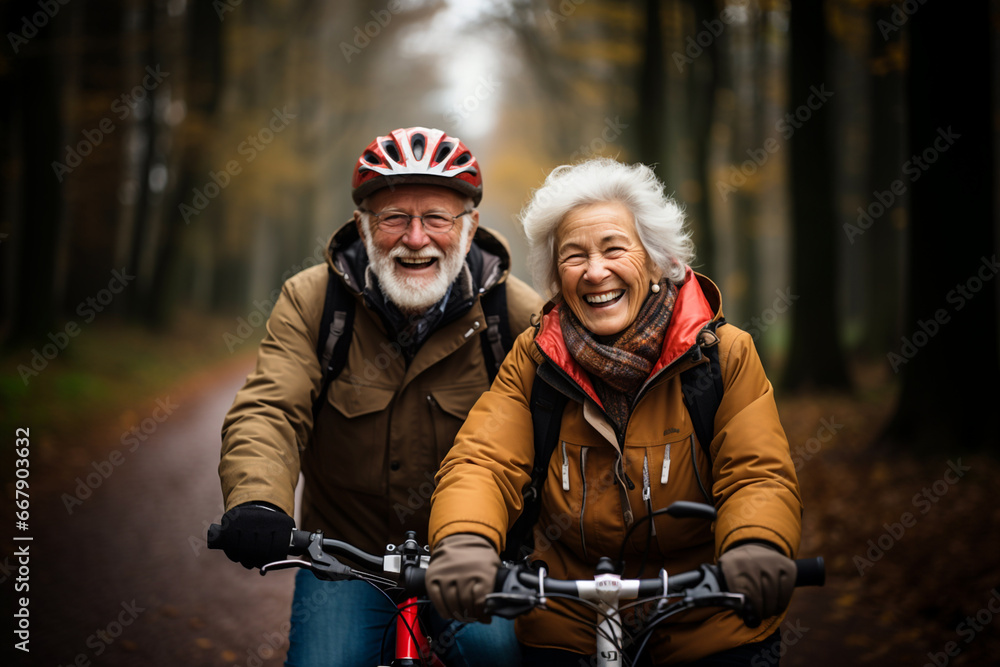Active cheerful senior couple with bicycle, autumn public park together having fun together lifestyle. Perfect sport activities for elderly people. Happy mature couple riding bikes, bicycles in nature Active cheerful senior couple with bicycle, autumn public park together having fun together lifestyle. Perfect sport activities for elderly people. Happy mature couple riding bikes, bicycles in nature