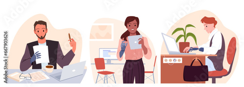 Cartoon side view of isolated workplace scene with man with hand prosthesis sitting at table, guy typing on laptop keyboard. Employee with physical disability working in office vector illustration