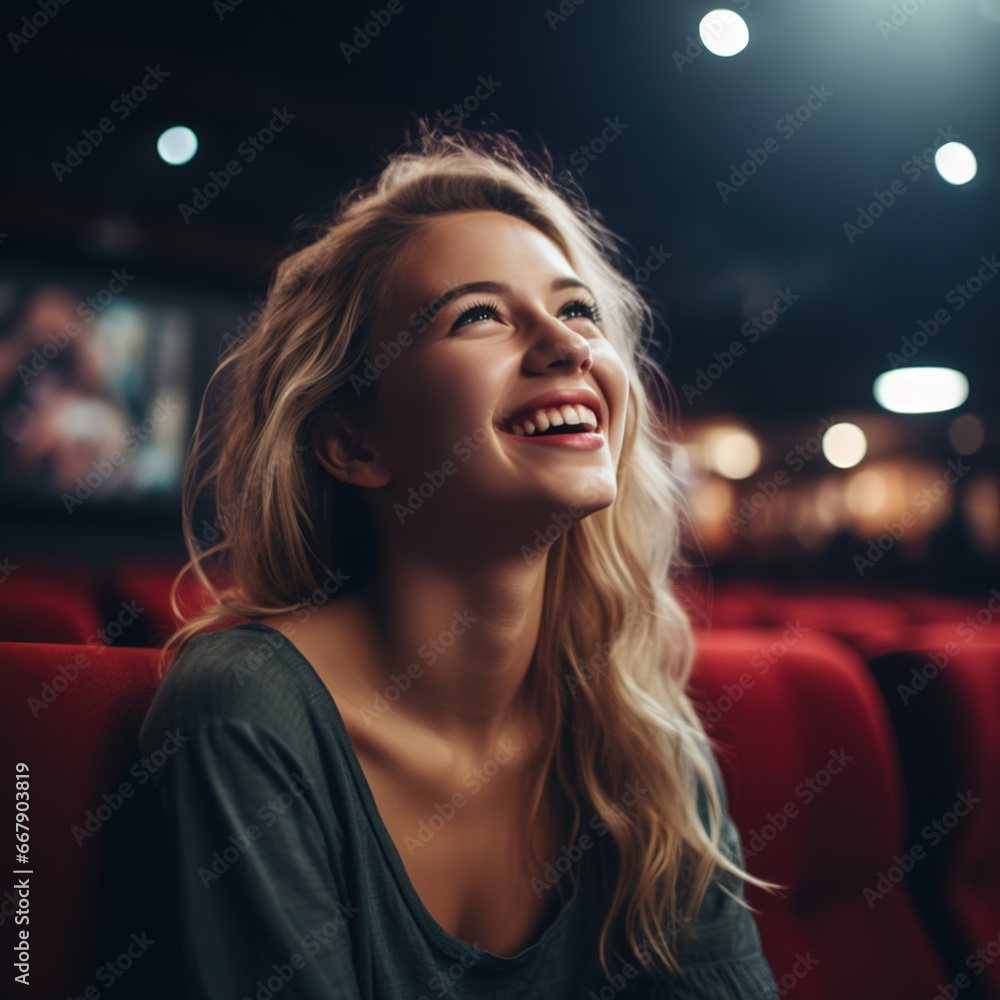A woman sitting alone in a theater, fully engrossed in a movie or live performance. Her laughter and happiness radiate, showcasing a sense of independence and fulfillment while single