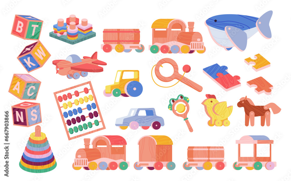 Cartoon wood elements for toddlers to play, vintage horse and helicopter, pyramid and puzzles, locomotive with cars for preschool kids. Wooden toys set for games of baby child vector illustration
