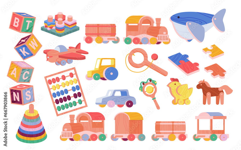 Fototapeta premium Cartoon wood elements for toddlers to play, vintage horse and helicopter, pyramid and puzzles, locomotive with cars for preschool kids. Wooden toys set for games of baby child vector illustration