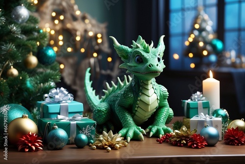 New Year 2024, good dragon, Christmas tree and presents. It is a joyful and magical way to welcome the year 2024 © Yuliia