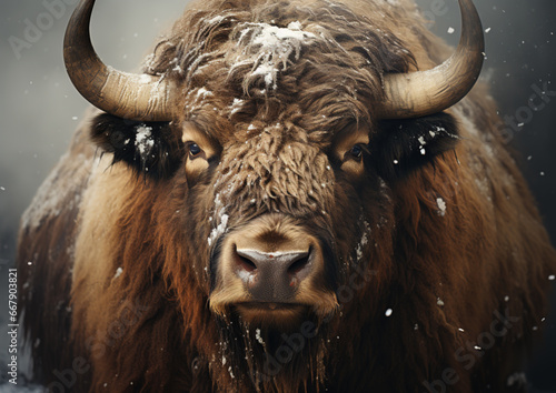 A portrait of a bison in ice and winter snow. Digital illustration.