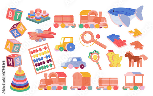 Cartoon wood elements for toddlers to play, vintage horse and helicopter, pyramid and puzzles, locomotive with cars for preschool kids. Wooden toys set for games of baby child vector illustration