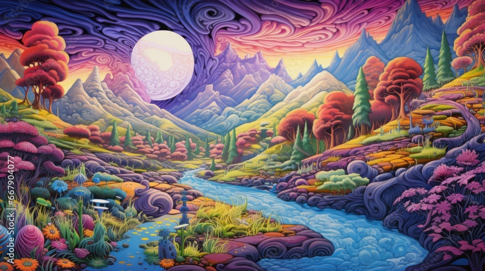 Fantasy world of an alien planet. Psychedelic surreal fantasy landscape with unreal spiral mountains, sky and plants. The fairy-tale world of other planets. Book Illustration Clipart