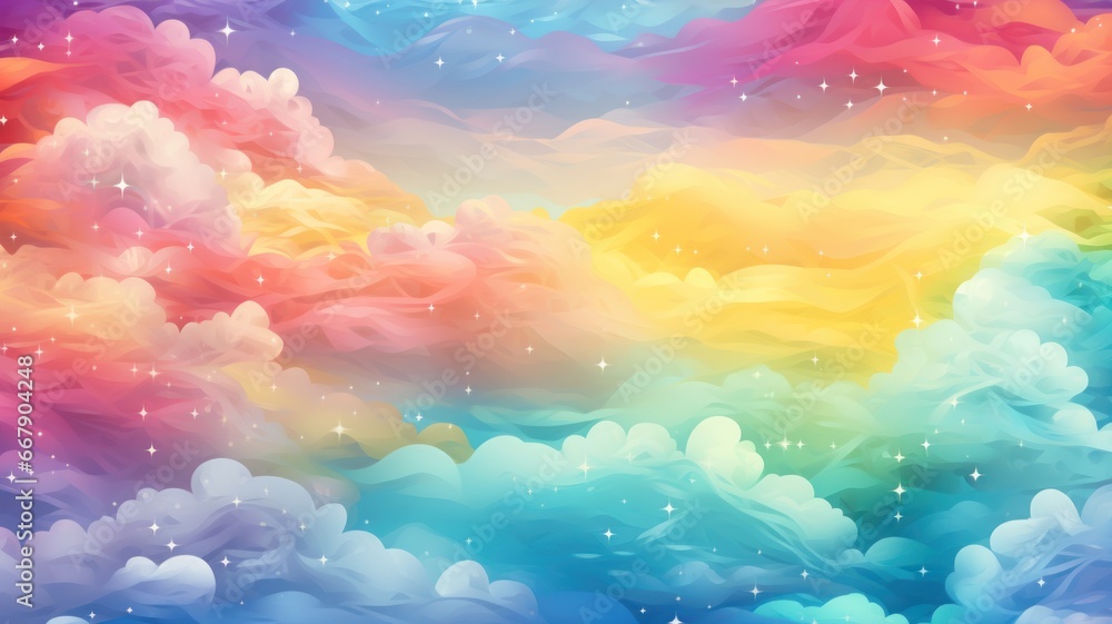 Illustration of rainbow clouds with shining stars. Fairytale fantasy sky background. Copy Space.