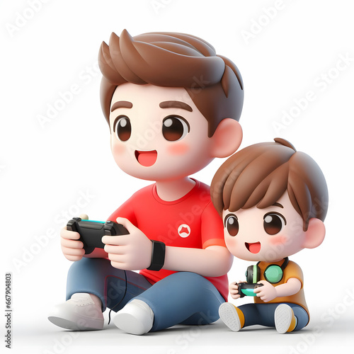 father playing video games with his son 3d render