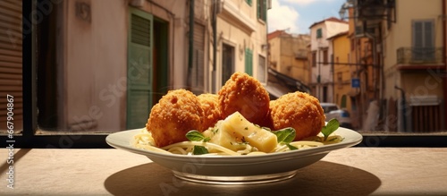 Fototapeta Naklejka Na Ścianę i Meble -  Sicilian arancini with meat stew and peas in a fast food window on white paper in Italian street food Italy and Palermo