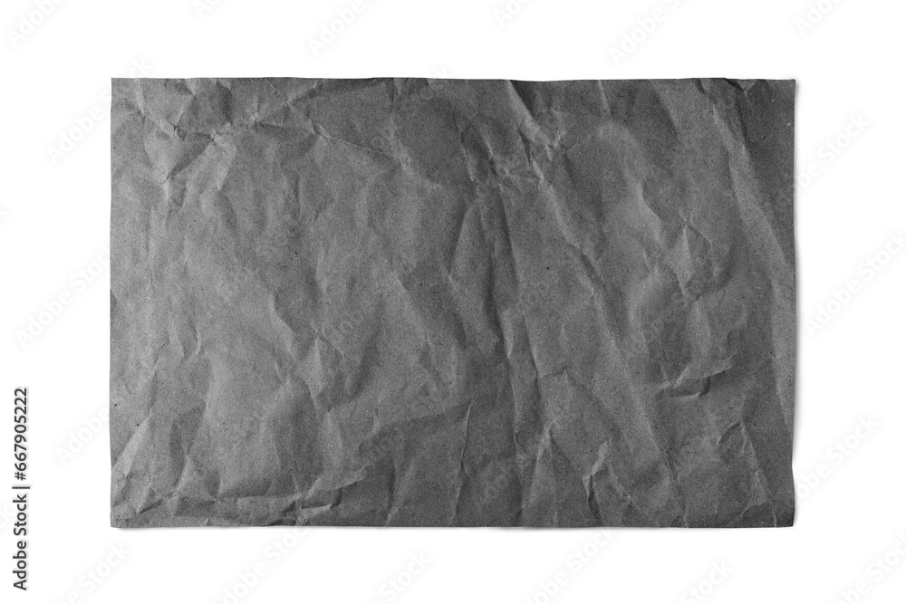 Obraz premium Black crumpled rectangle sheet of paper with smooth edge isolated on white, transparent background, PNG. Recycled craft paper wrinkled, creased texture. Template, mockup with copy space for text.