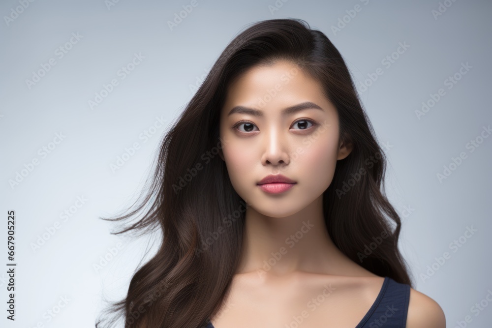 Young beautiful Asian model with long black straight hair close-up on light blue background. Copy space. Clear glowing skin. Natural makeup. Beauty saloon. Salon. Treatment, care, spa procedures. Young beautiful Asian model with long black straight hair close-up on light blue background. Copy space. Clear glowing skin. Natural makeup. Beauty saloon. Salon. Treatment, care, spa procedures.