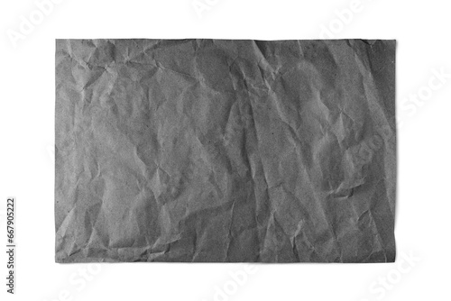 Black crumpled rectangle sheet of paper with smooth edge isolated on white, transparent background, PNG. Recycled craft paper wrinkled, creased texture. Template, mockup with copy space for text.