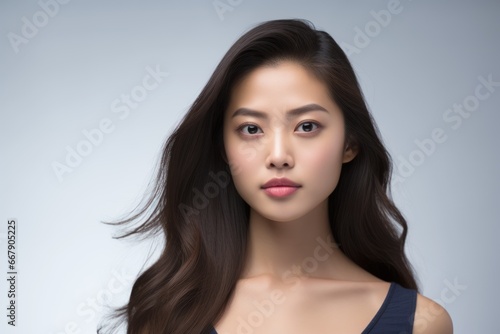 Young beautiful Asian model with long black straight hair close-up on light blue background. Copy space. Clear glowing skin. Natural makeup. Beauty saloon. Salon. Treatment, care, spa procedures.