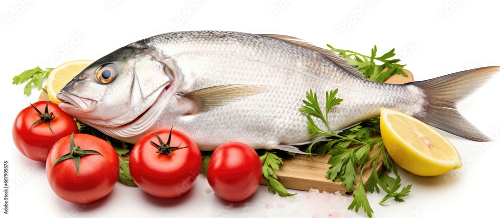 Uncooked dorada fish with ingredients and empty space on the right