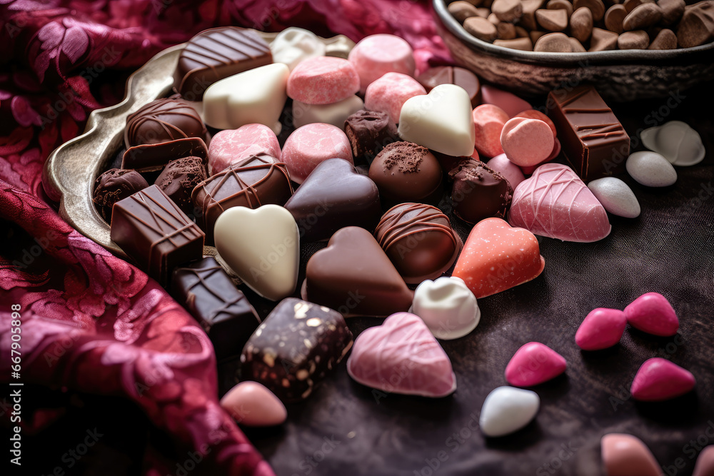 Some delicious chocolate candies spread out on the tabletop Some delicious chocolate candies spread out on the tabletop