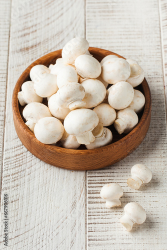 Fresh mushrooms in a wooden plate on a light background. Mushroom 