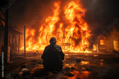 Back of mature adult desperate man in stress watching the fire burning property. Insurance protection, security protect, real estate damage accidents, unexpected disaster, impending loss, war concept.