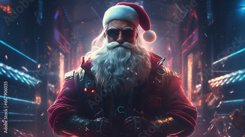 cyberpunk santa claus in futuristic christmas costume, merry christmas wallpaper, gaming edition