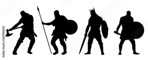 Set of silhouettes of viking warriors - vector illustration