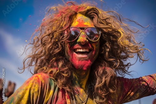 Portrait of a young happy man in sunglasses smiling with white teeth at holi colors party. Long curly shaggy hair. Face, clothes and hair painted with holi colors. Blue sky and sunshine at background. © Milky Way