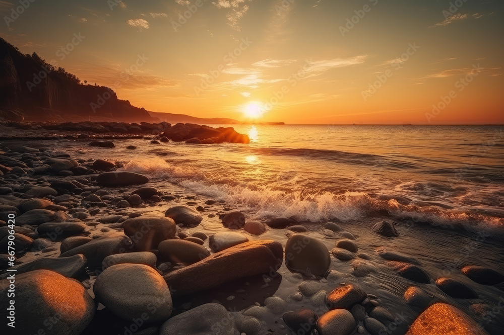 Very nice sunset on a beach with many rocks Very nice sunset on a beach with many rocks