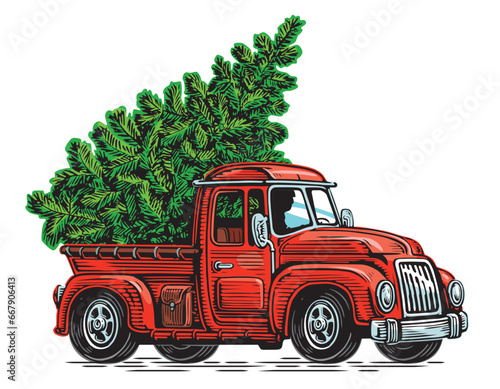 Green fir tree on red retro pickup truck. Merry Christmas and Happy New Year. Vector illustration
