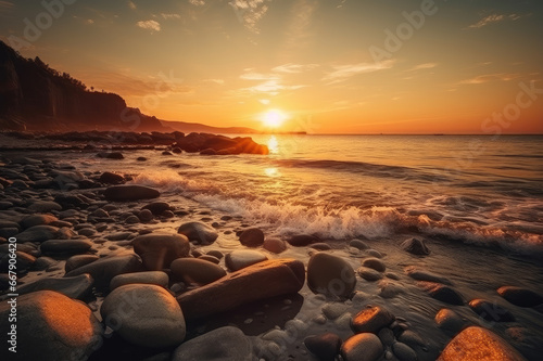 Very nice sunset on a beach with many rocks © evening_tao
