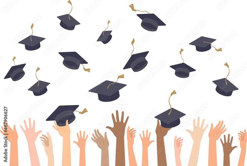 Multiracial people's hands throwing graduation hats in the air. Graduating students. Celebrate End of the School, College or University - obrazy, fototapety, plakaty 