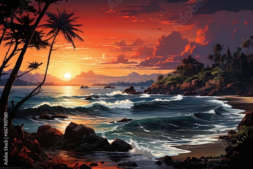 Beautiful fantastic colorful 3d sunset at the beach. Sun reflection in the water. Clouds at the sky. Waves at the ocean. Mountains at background. Palms and stones at foreground. Generative AI