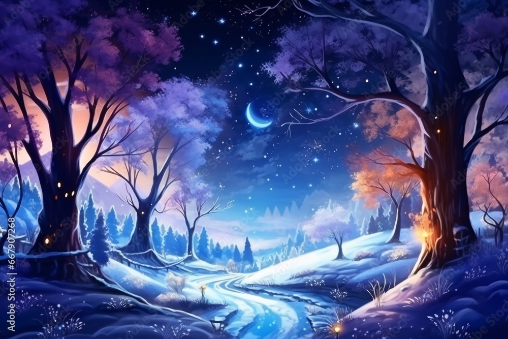 Winter forest with moon and stars. Christmas and New Year background. Winter forest with moon and stars. Christmas and New Year background.