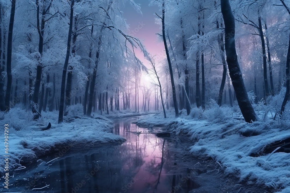 Winter forest with snow covered trees and stream. Winter forest with snow covered trees and stream.