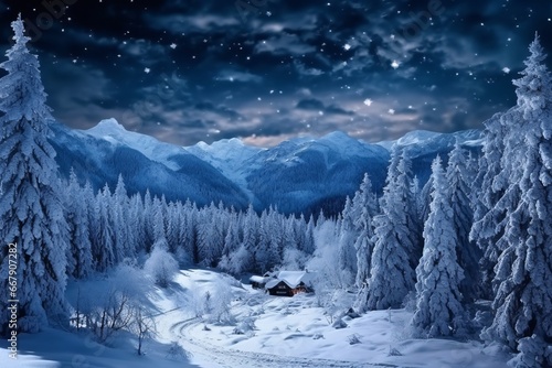 Winter landscape with snowy fir trees in mountains at night. Christmas background