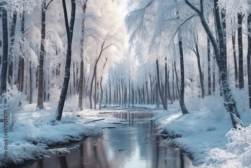 Beautiful winter landscape with frozen river and forest. Panorama. Frozen winter landscape with snow covered trees and lake. © vachom